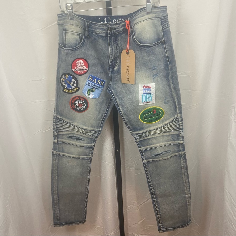 New Men’s Kilogram Distressed Patch Denim Jeans Size 36